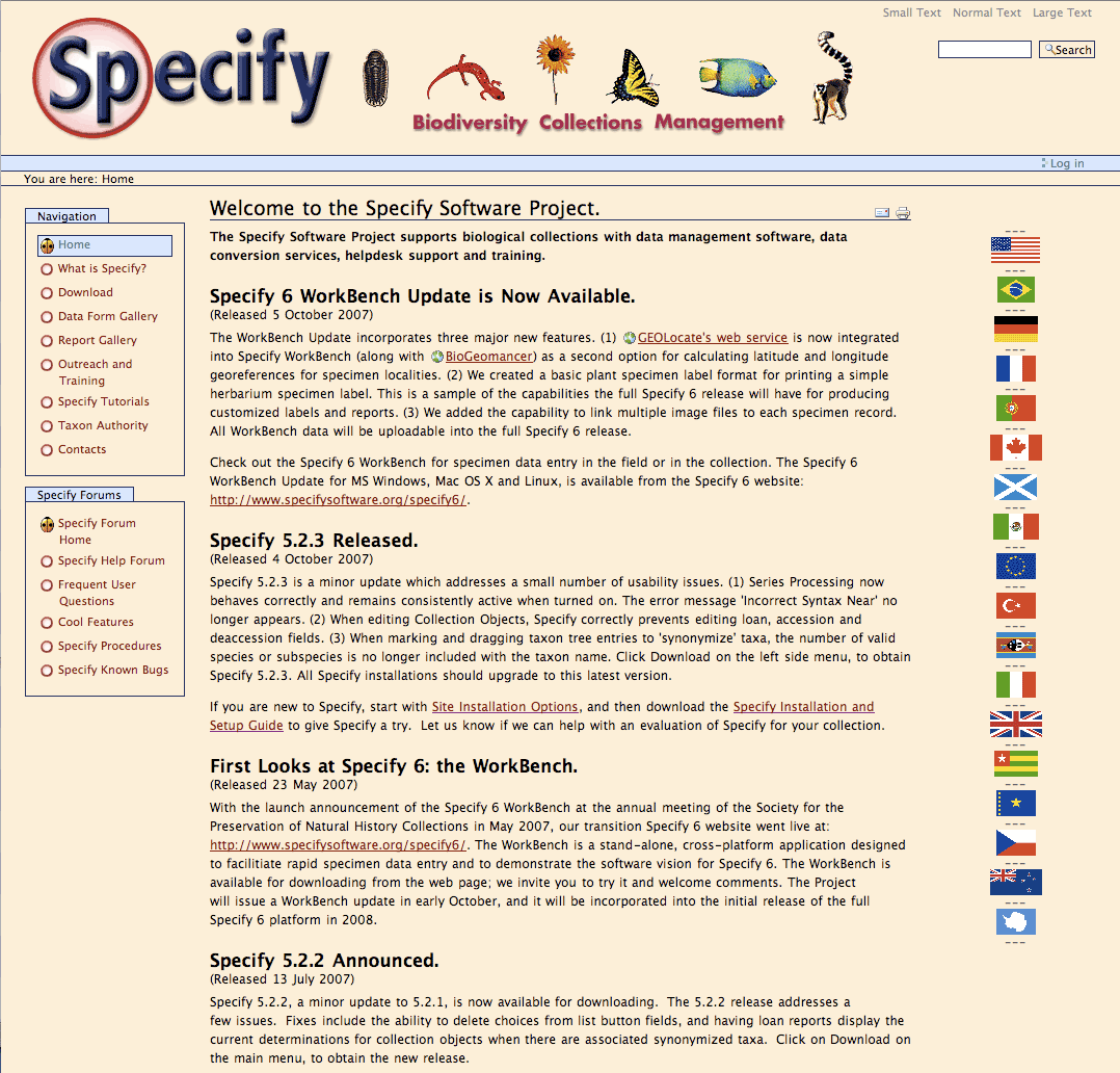 The Specify home page with the original banner graphic.